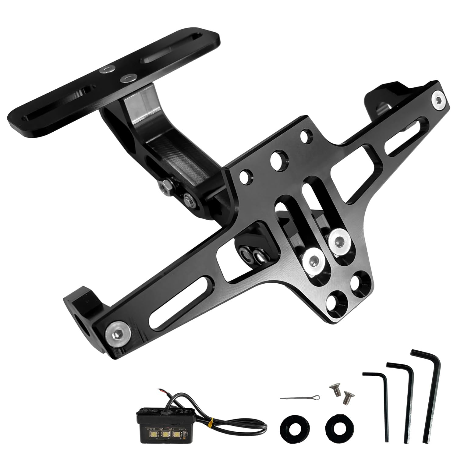 

Socpuro Держатель номерного знака мотоцикла Черный светодиодный свет Держатель номерного знака Универсальный Алюминиевый сплав чёрный