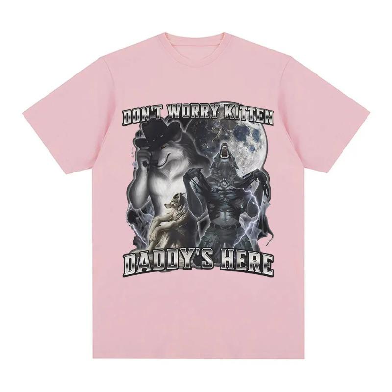 Keine Sorge, Papa ist da Kätzchen Lustiges Alpha-Wolf-Meme T-Shirts Herren Freizeit Baumwoll-T-Shirt Vintage Kurzarm Übergröße