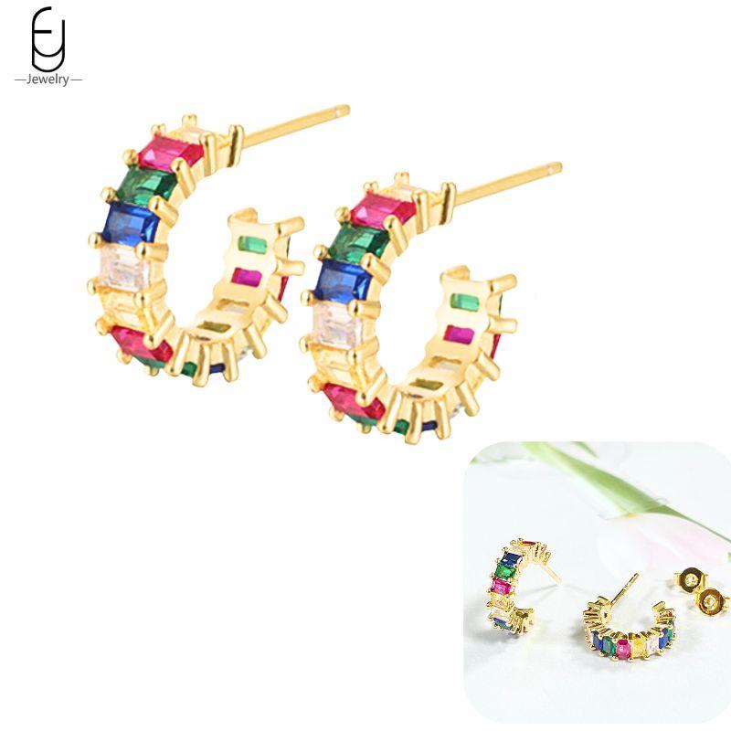 925 Silver Ear Buckles Fashion Hoop Earrings Colorful Crystal Pendants Gold Earring Premium Luxury Women's Jewelry Gift
