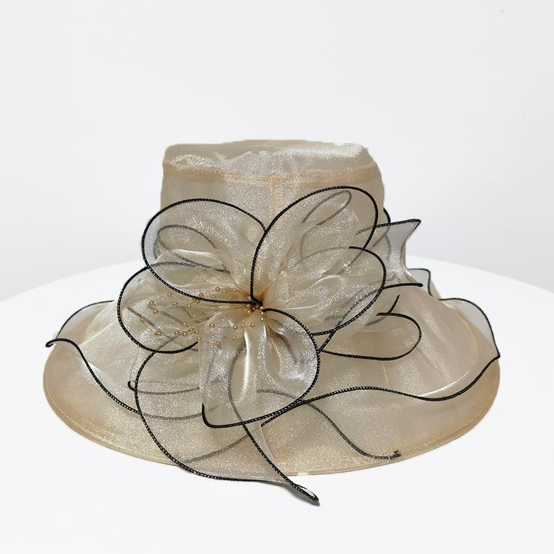 

Summer women s retro European and American style organza fashion mesh shade big brim top hat seaside play beach hat L（58-60cm） бежевий