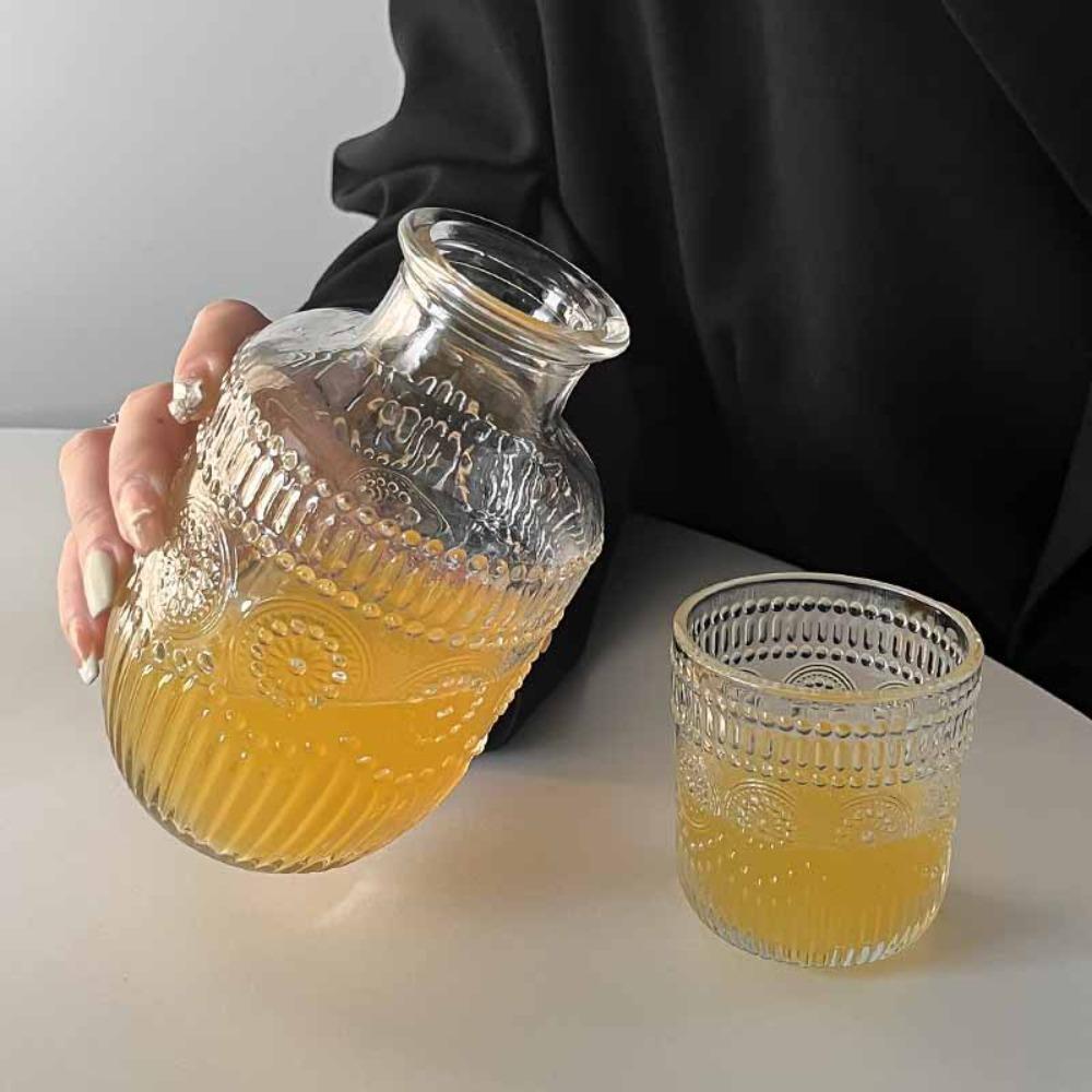 Transparent Vintage Relief Glass Carafe with Cup Cold Pitcher Glass Water Bottle Office