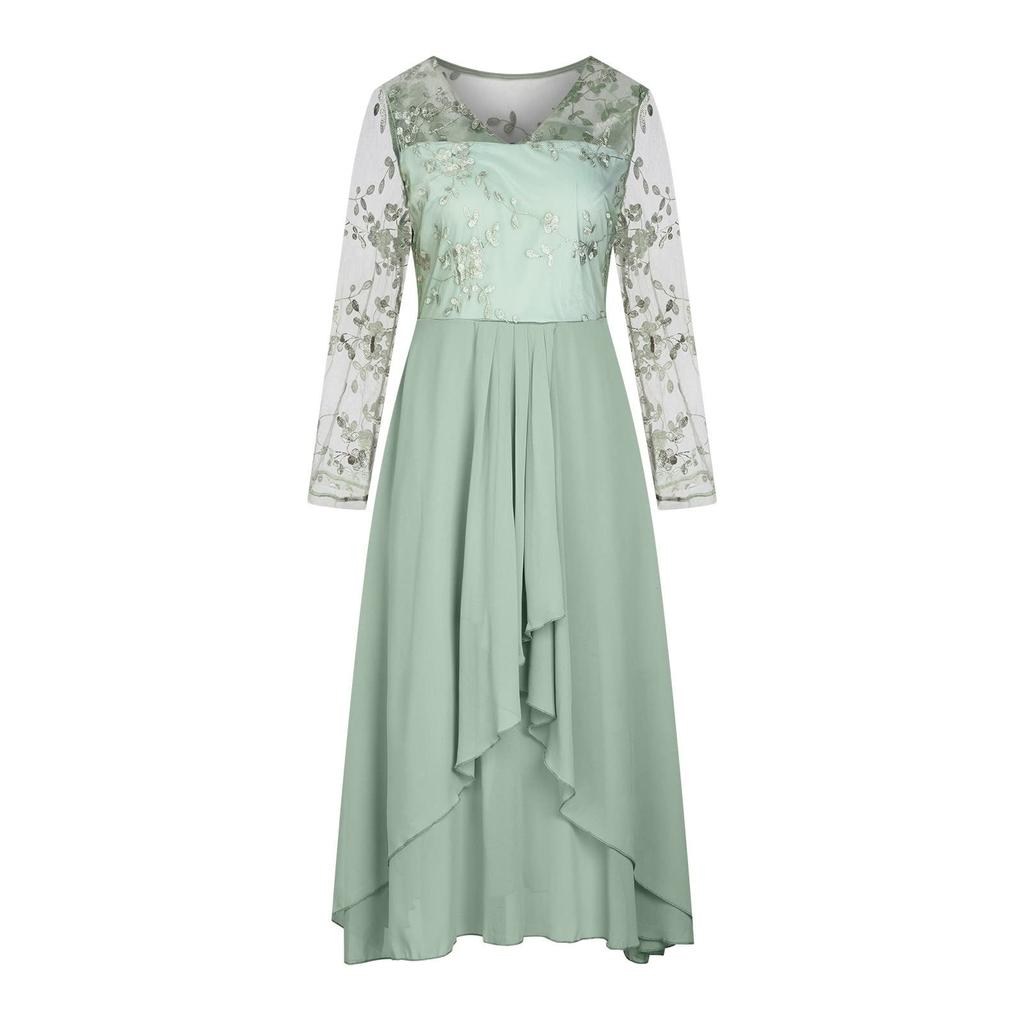 Women's Dress Chiffon Elegant Lace Patchwork Dress Cut-out Long Dress Long Sleeve Bridesmaid Evening Dress