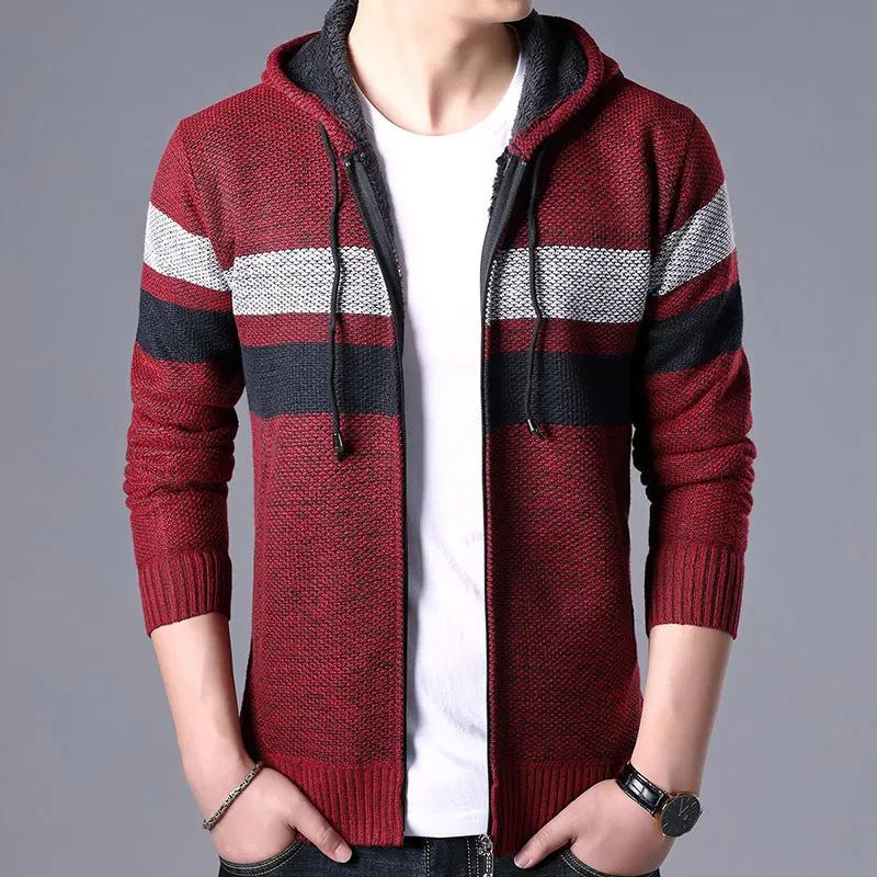 2025 Autumn Winter Men Casual Striped Sweatcoat Men Thick Fleece Warm Sweater Male Casual Stand Collar Zipper Cardigan