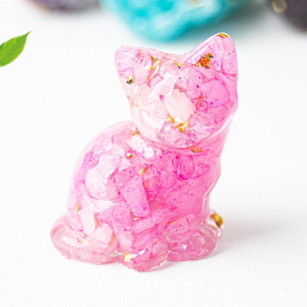 Natural Crystal Gravel Resin Sitting Turning Face Cat Figurine With Gold Foil Cute Desktop Decor For Home Office