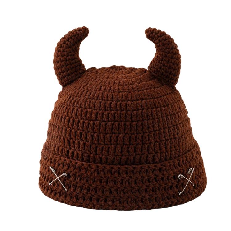 Crochet Horn Cap for Fall Winter Outfits, Brimless Devil Hat with Front Pin Accent for Party Photo Outfit Looks