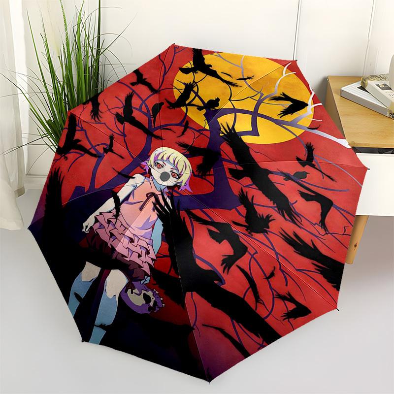 1pc Outdoor Umbrella with Anime Girl and Crows Design - Automatic Opening/Closing Umbrella with Portable 3-Fold Design, 8-Bone Iron Frame - Perfe
