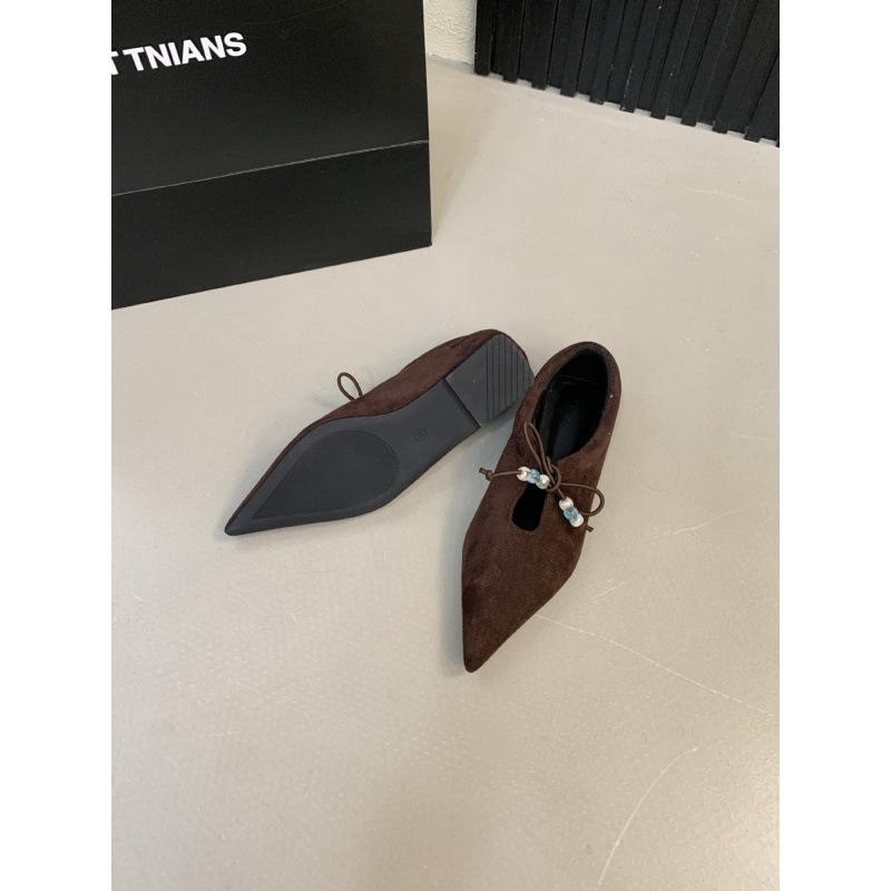 

Flat single shoes women s 2025 new pointed shoes rubber sole beaded lace-up black work ladyshoes 39 коричневый