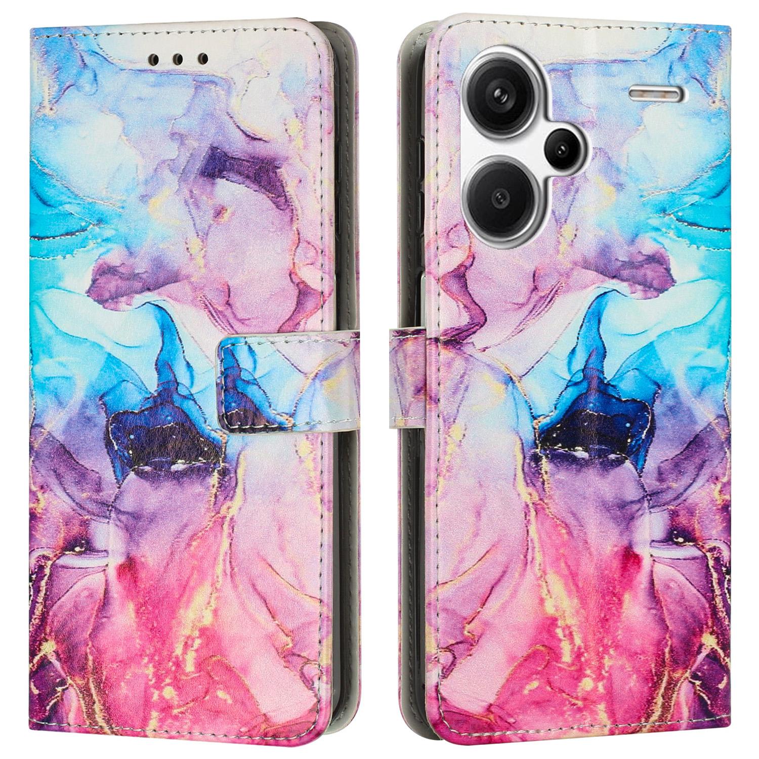 

Чехол-подставка для Xiaomi Redmi Note 13 Pro+ 5G, мраморный узор, кошелек из ПУ кожи, чехол для телефона с ремешком на запястье Pink/Purple