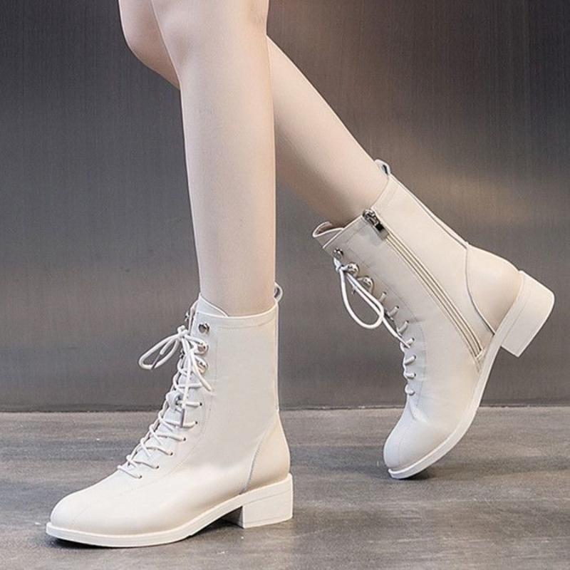 Fashion Elegant with Medium Heels Women's Ankle Boots Lace-up Leather Female Short Shoes Autumn Winter New in Sale Fashion 2025 Booties