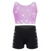 Dívčí gymnasticko-taneční set: Crop top tílko s kamínky, křížením na zádech a véčkem vpředu, s šortkami s elastickým pasem