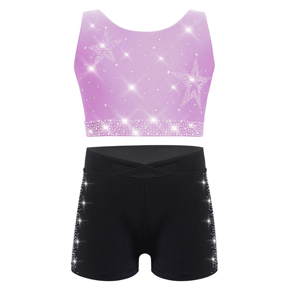 Dívčí gymnasticko-taneční set: Crop top tílko s kamínky, křížením na zádech a véčkem vpředu, s šortkami s elastickým pasem