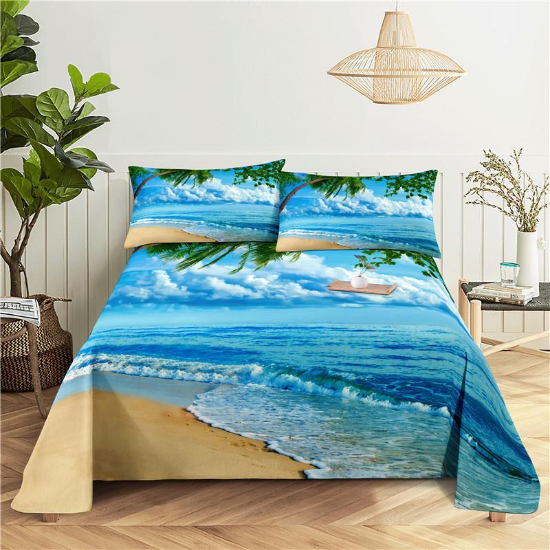 2/3Pcs Beach Bedding Sheet Home Digital Printing Polyester Bed Flat Sheet With Pillowcase Print Bed Sheet