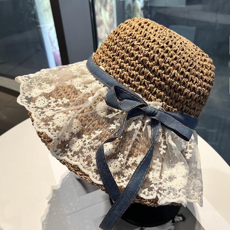 Summer atmosphere lace edge bow woven straw hat female sweet idyllic big brim sunshade sun protection hat