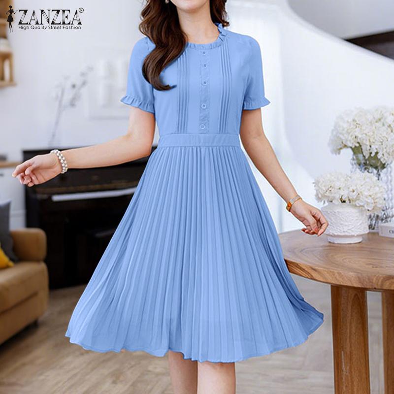 ZANZEA Women Casual Round Neck Summer Short Sleeve Dress