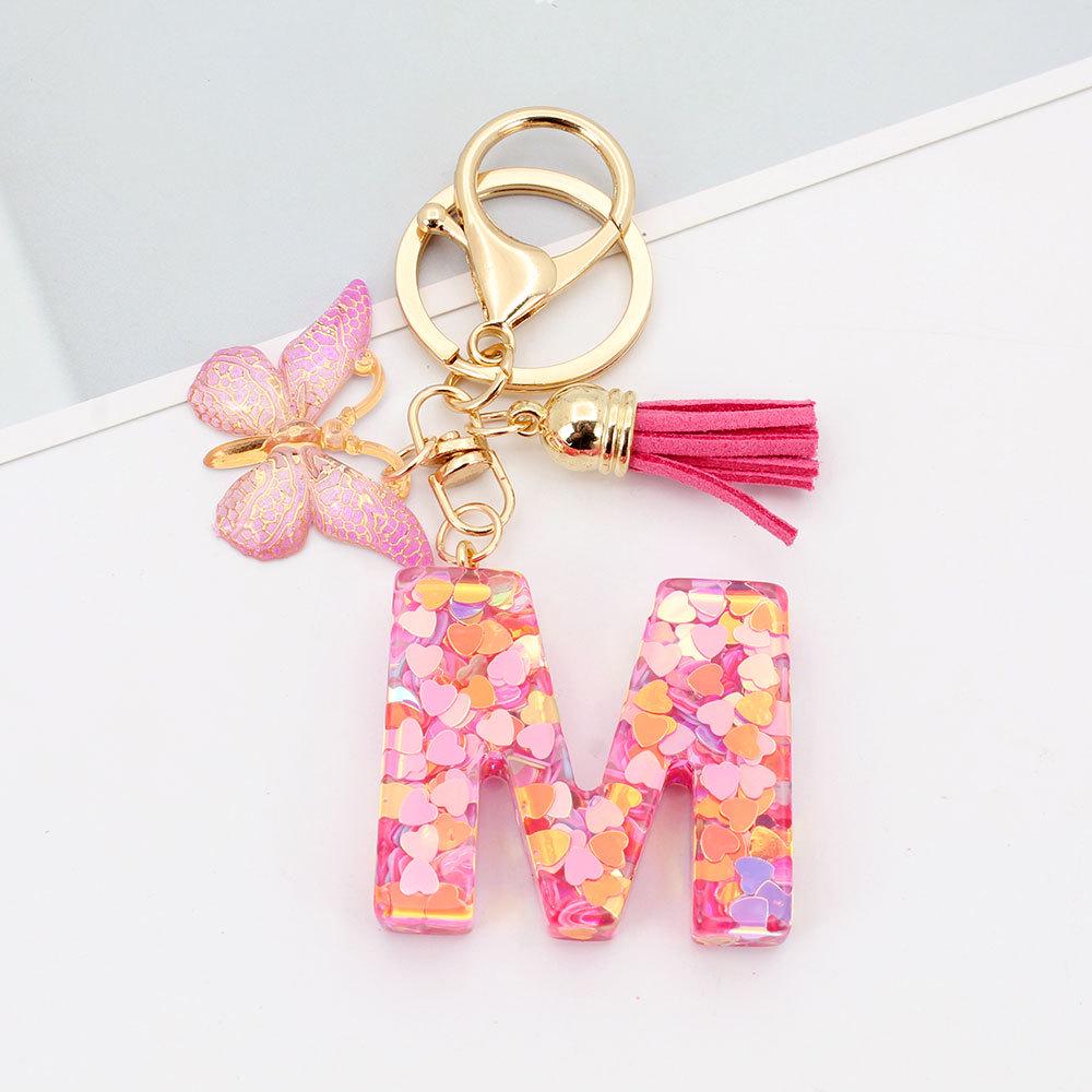 Pink Butterfly Tassel & Resin Sequin Letter Keychain - Backpack Charm for Women