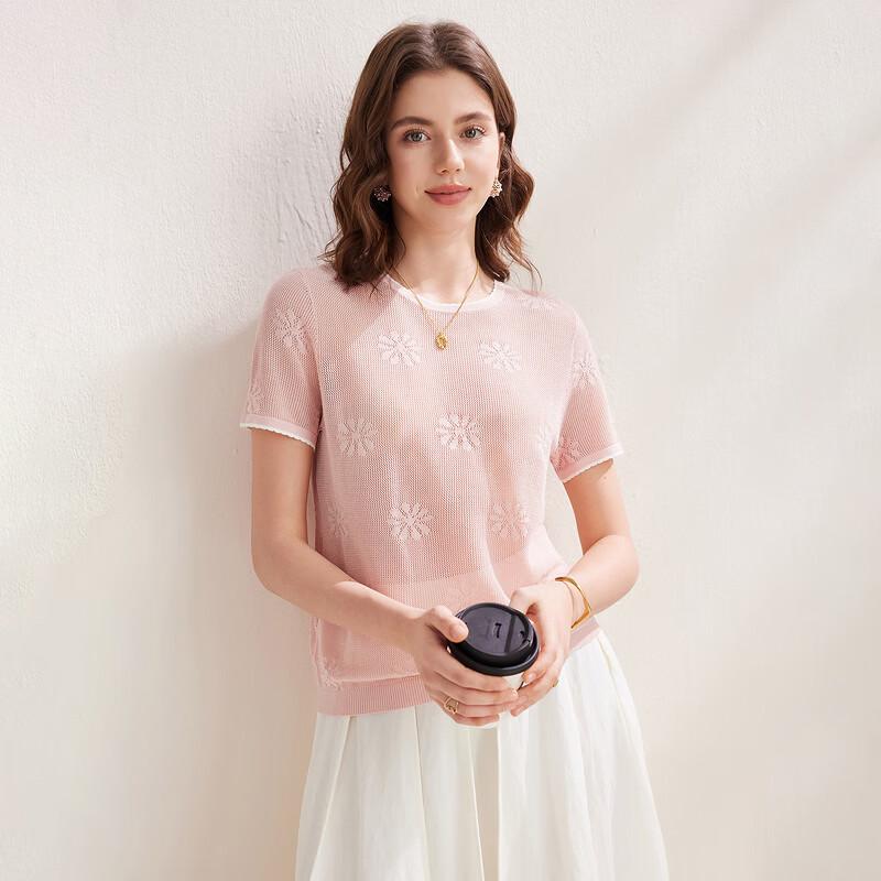 Women's Mulberry Silk Floral Jacquard Knit Short Sleeve Top