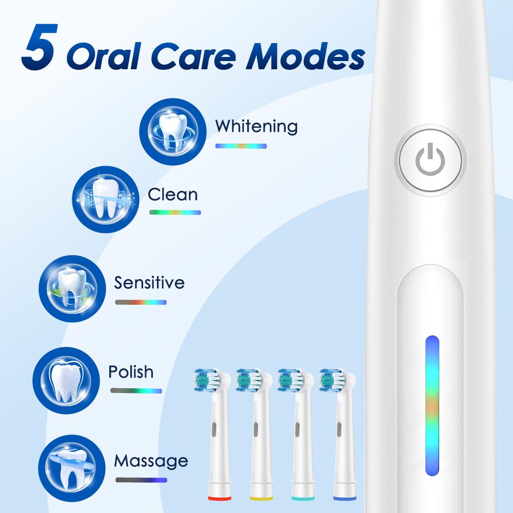 Rotating Electric Toothbrush with 4 Brush Heads with 5 Cleaning Modes Clean Teeth Battery Powered Rechargeable Toothbrush