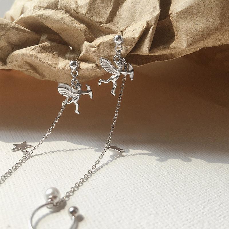 Angel Cupid, star earrings, female fringed pearl long ear clips, one pair of fairy personality single earrings.