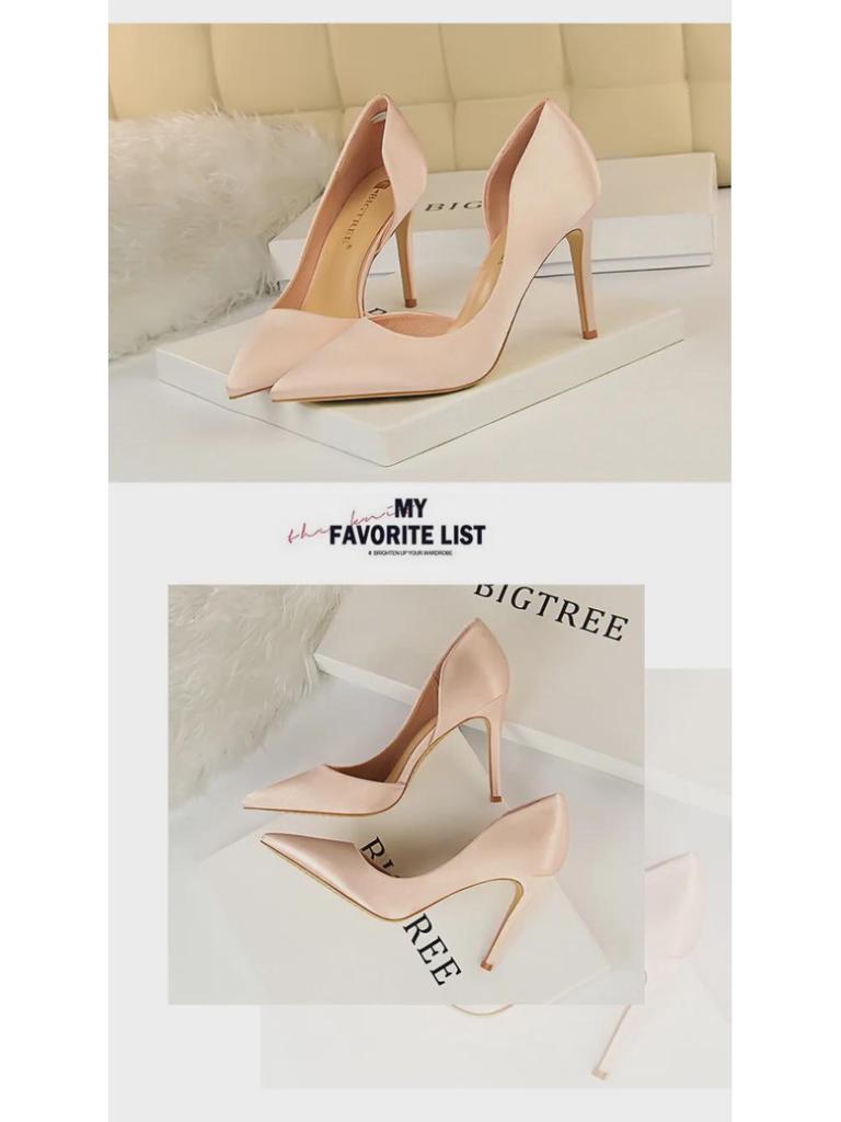 European & American Style Satin Stiletto Heels – Pointed, Shallow, Side Hollow Design for a Sexy Nightclub Look, Slim Fit Women's High Heels