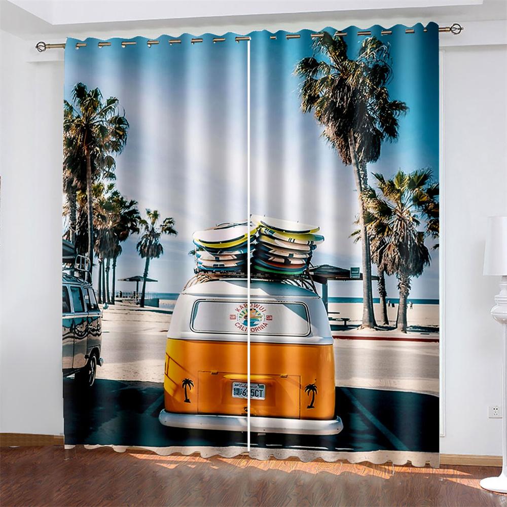 Car   Printing Woven Curtains Bedroom Blackout Curtains with Two Independent Curtains On The Left and Right