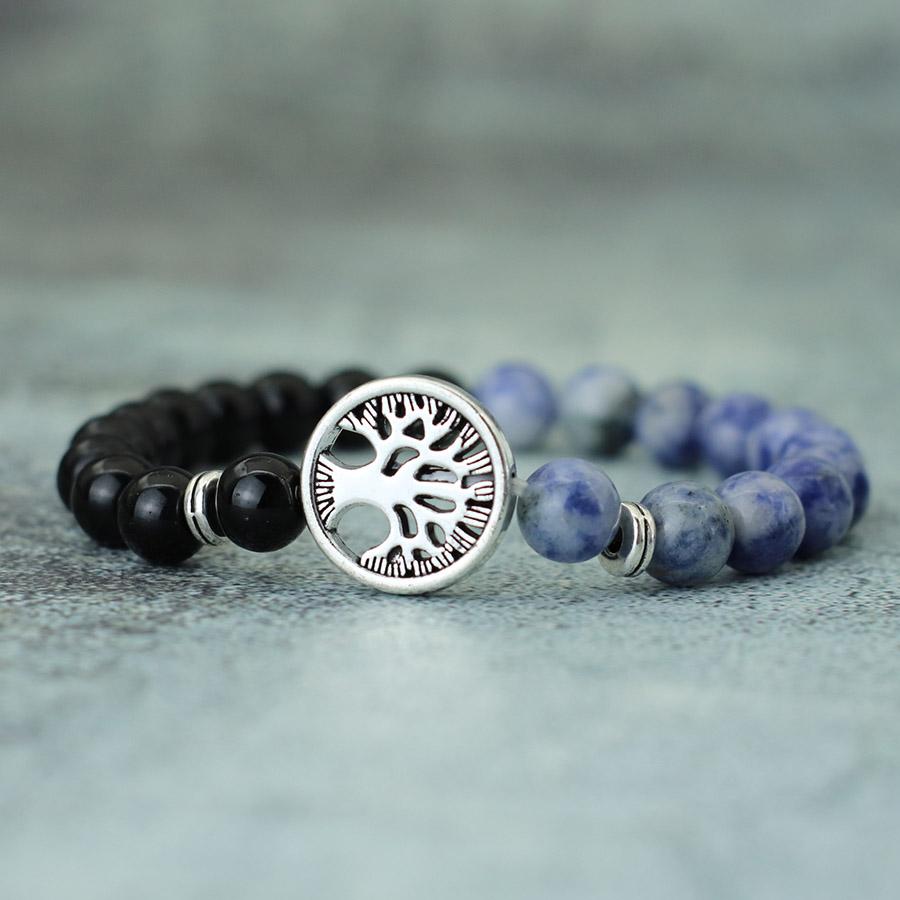 Neues Mode-Lebensbaum-Armband für Herren Zweifarbig Natürliche Tigeraugen Obsidianstein Armband Glücksbringer Roter Howlith Charm Armband Pulsera