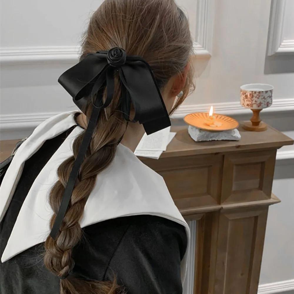 Rosene Flower Ribbon Hairpin / Slim Rose Satin Half-Up Automatic Hairpin