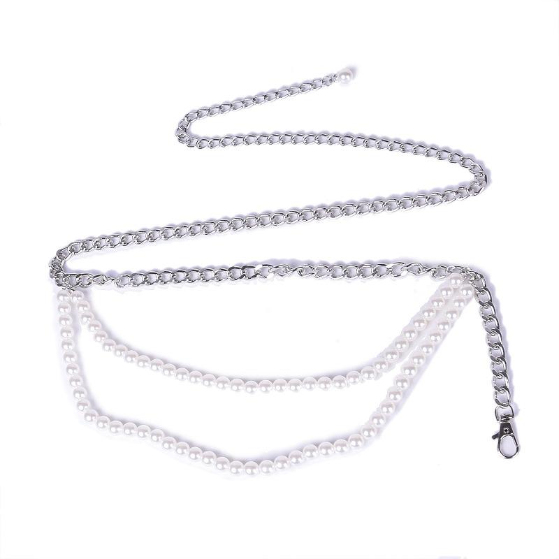 Meier Metal Chain Pearl Tassel Decorated Thin Waist Chain Fashioneasiest for Match Jewelry Belt