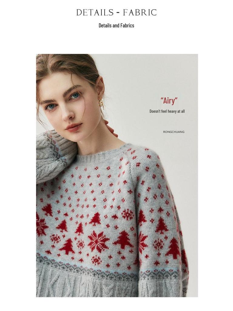 Women's Cashmere Snowflake Drop-Shoulder Sweater - Warm, Super Thick Crew Neck for Autumn/Winter