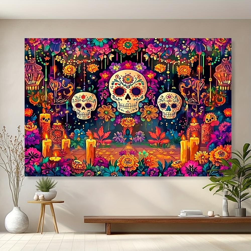 1PCS Vibrant Day of the Dead Sugar Skull and Flower Tapestry - Colorful Day of the Dead Design
