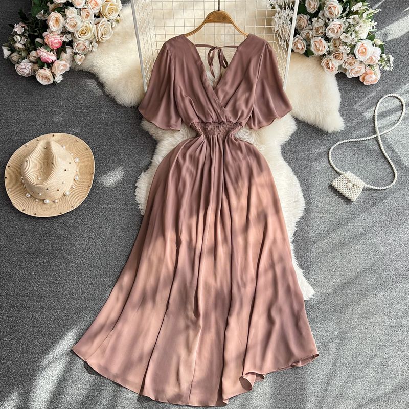 Retro V-neck Open Back A- line Large Hem Short Sleeve Dress