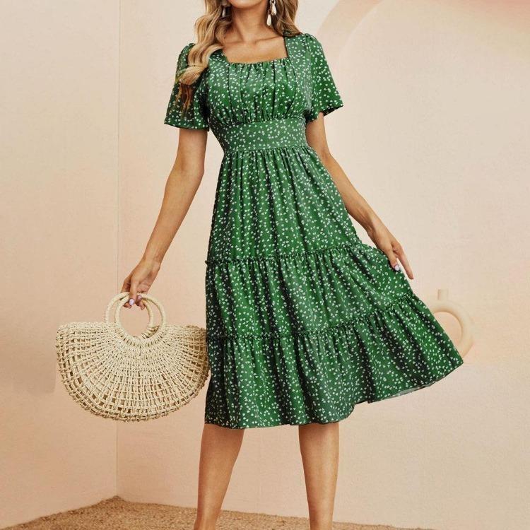 Summer Women Casual Dress Chiffon Medium Long A-Line Short Sleeve Square Collar Ruffles Dot Print Pattern Red Black Blue Green