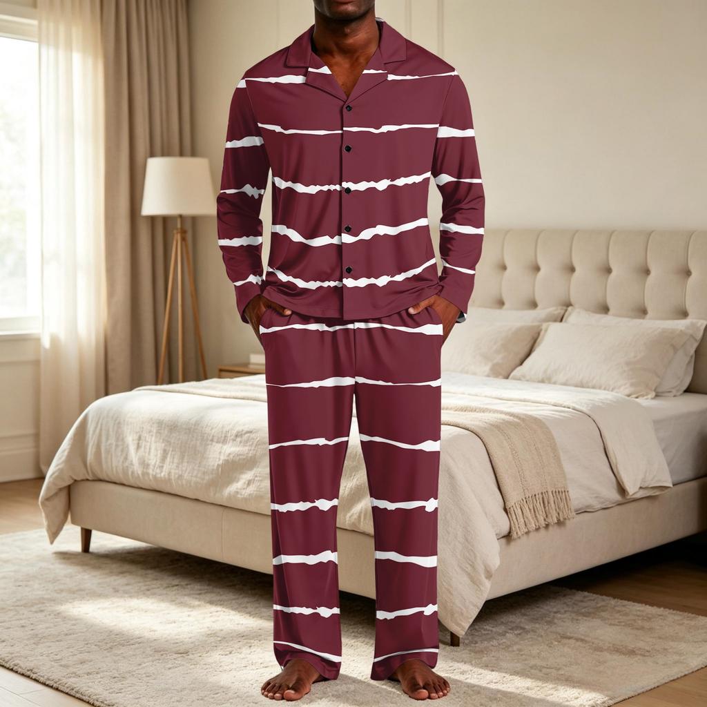 Men's Striped Pajama Set with Button Down Shirt and Pants - Loose Fit Casual Two Piece Sleepwear