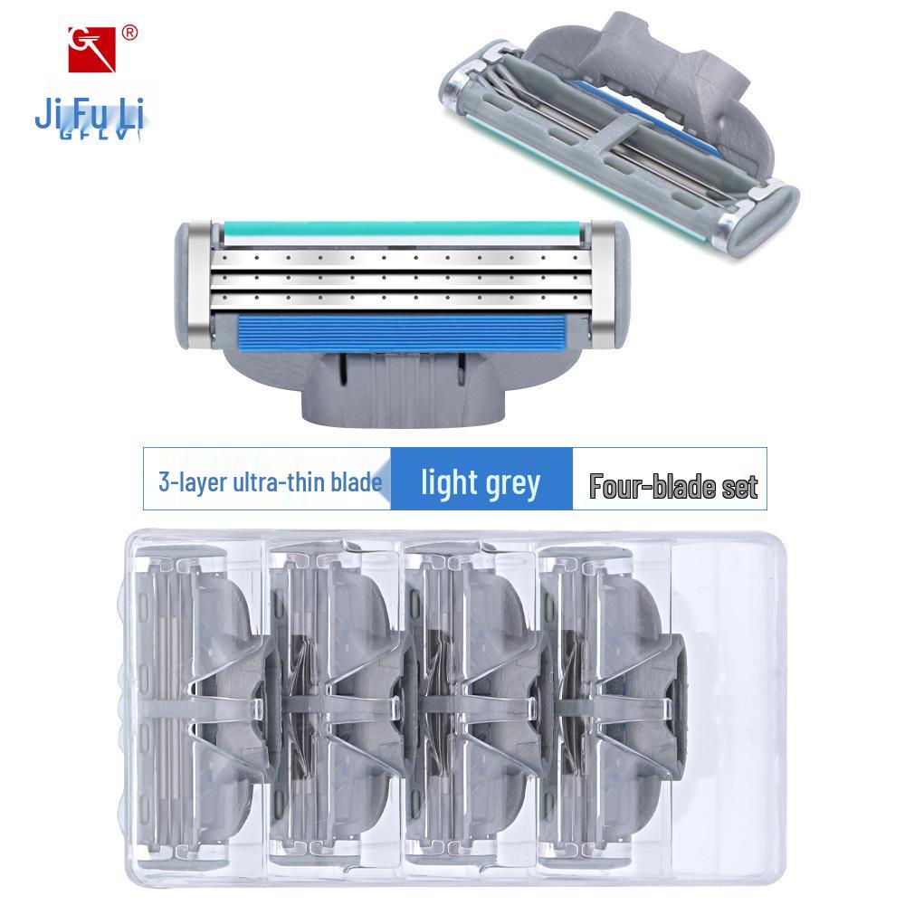 Jifuli Men s Gray Manual Razor with 3-Layer Blades and 4 Replacement Heads (Simple Version)