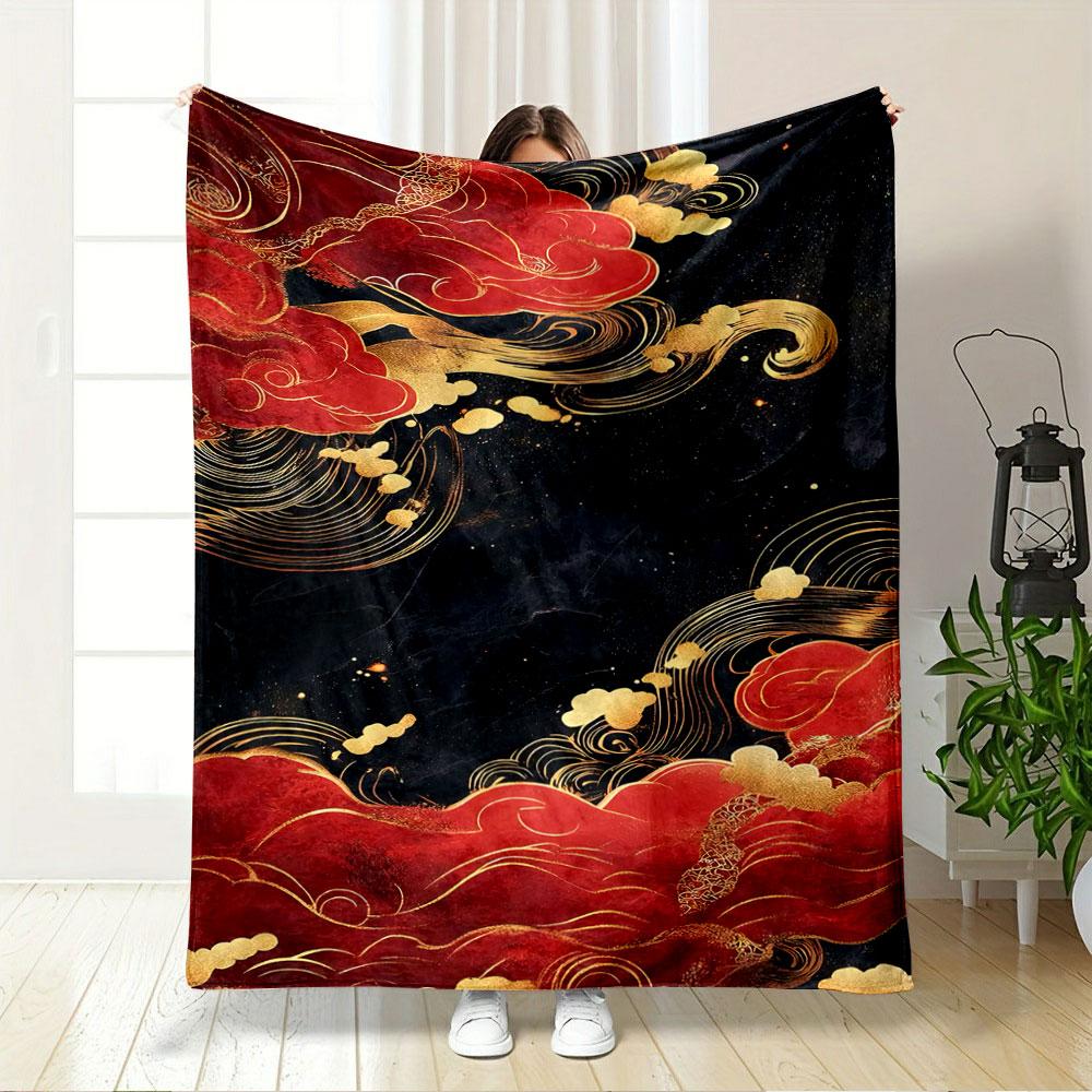 Flowing Red and Gold Cloud-like Swirls On a Dark Textured Background. for All Seasons Blanket Lunch Break Throw Gift