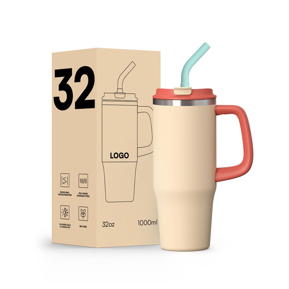 New 40oz car cup customization, handle cup cold-keeping Bingba cup large-capacity double-drinking straw car cup 18oz/550ml