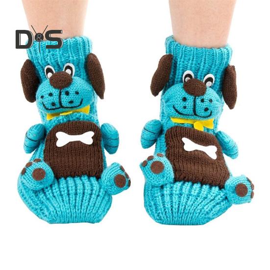 

1 пара зимних носков с 3D-принтом с животными из мультфильмов, вязаные нескользящие утолщенные эластичные теплые носки средней длины с подошвой в силиконовые точки озеро синий