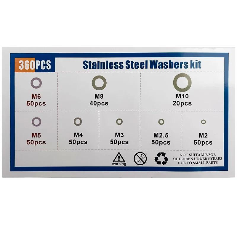 360pcs/Box M2 M2.5 M3 M4 M5 M6 M8 M10 304 Stainless Steel Washer Set Adjusting Shim Plain Gasket Assortment Kit Box