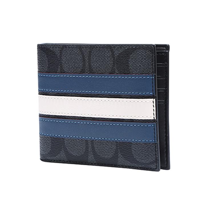New COACH 3 IN 1 Wallet Canvas With Leather 3 in 1 Wallet Men's Old Flower Black/Blue White Stripes 3008-QBOH0