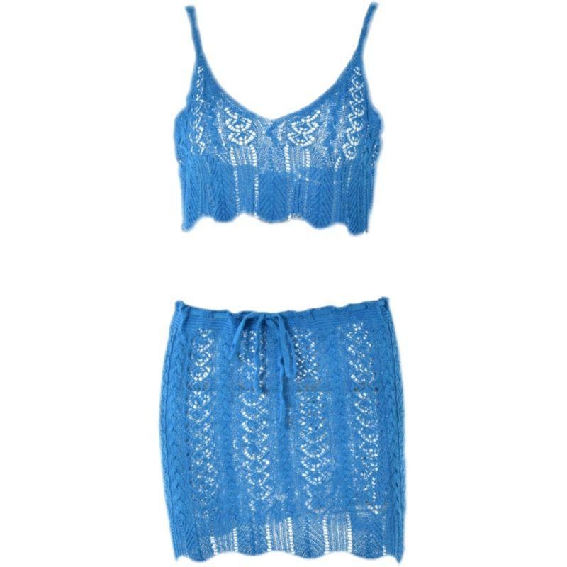 Summer New Arrival Crocheted Hollow out Tied Skirt Outfit French Young Sexy Sexy Little Suspenders Female Skirt Blouse
