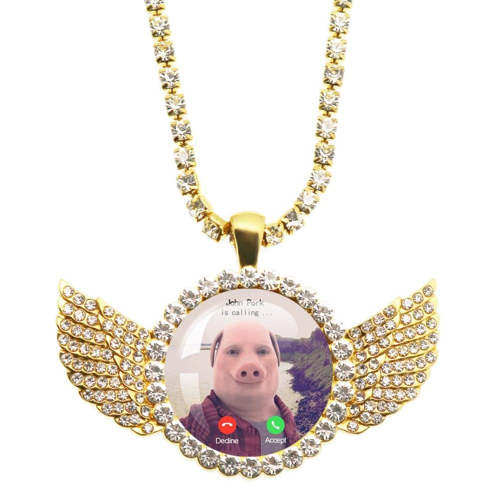

John Pork Is Calling Answer Call Phone Humor Funny Pig Graphic Glass Cabochon Angel Wings Pendant Necklace Jewelry Giftwholesale