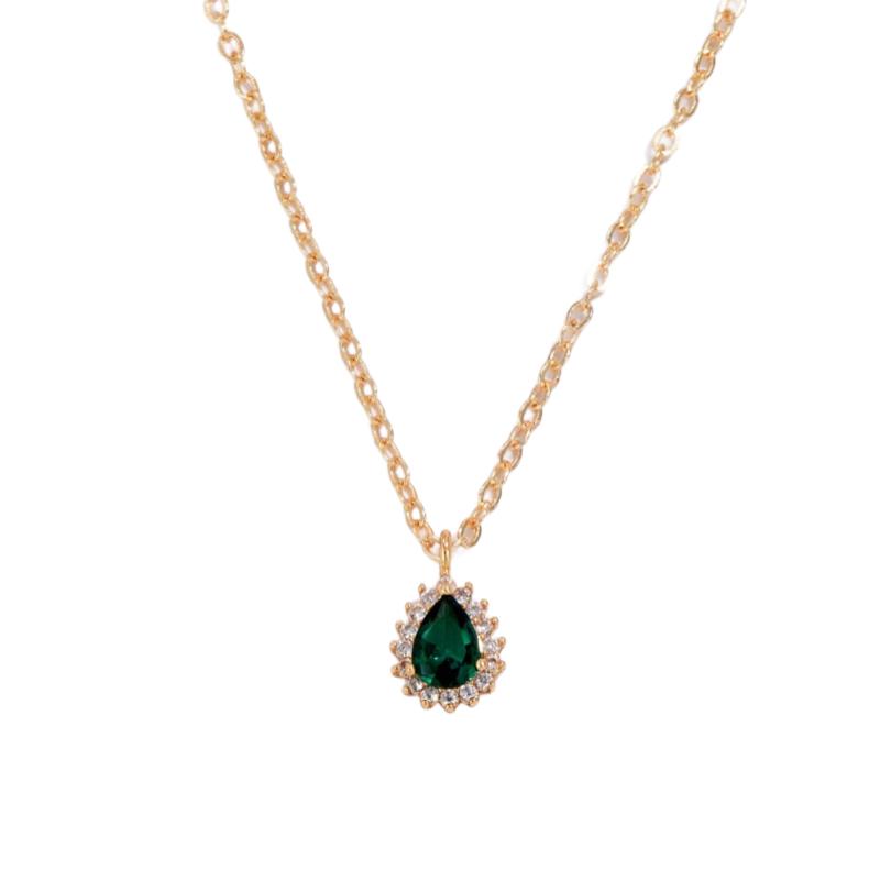 Exquisite Green Teardrop Synthetic Zircon Inlaid Necklace, Gold Tone Fashion Accessory Gift for Women