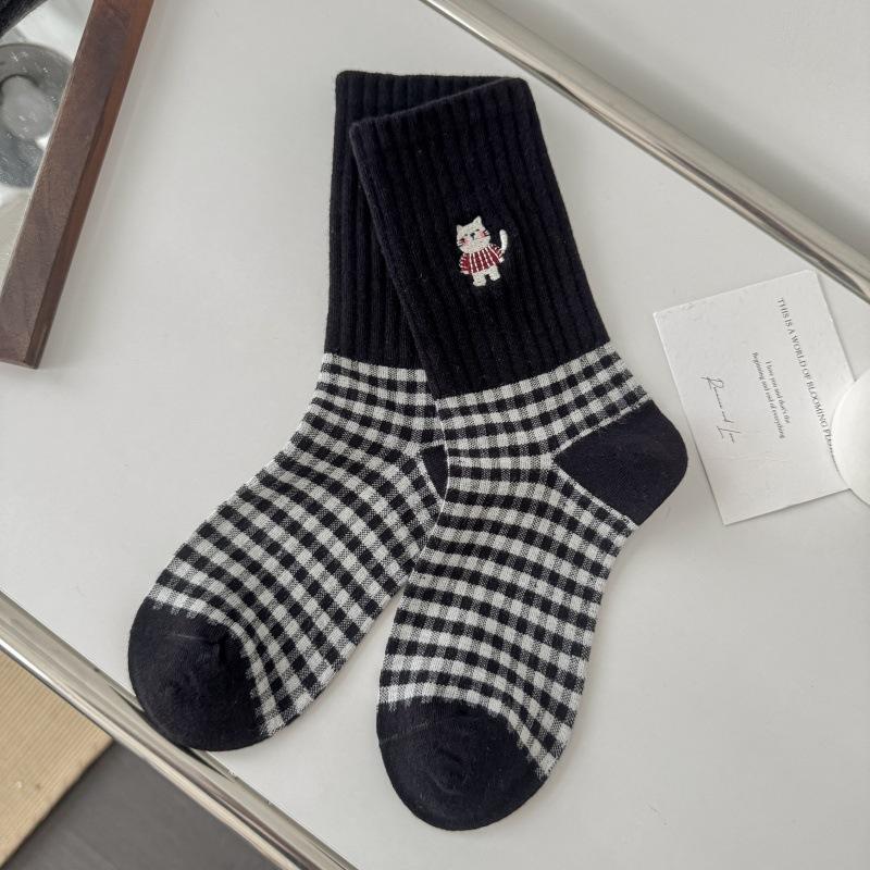 Damen Vintage KarosockenCartoon Katze BaumwolleMittelwade Lange Socken Grau Schwarz Weiß Frühling Herbst Freizeitsocken Damen Lange Socken