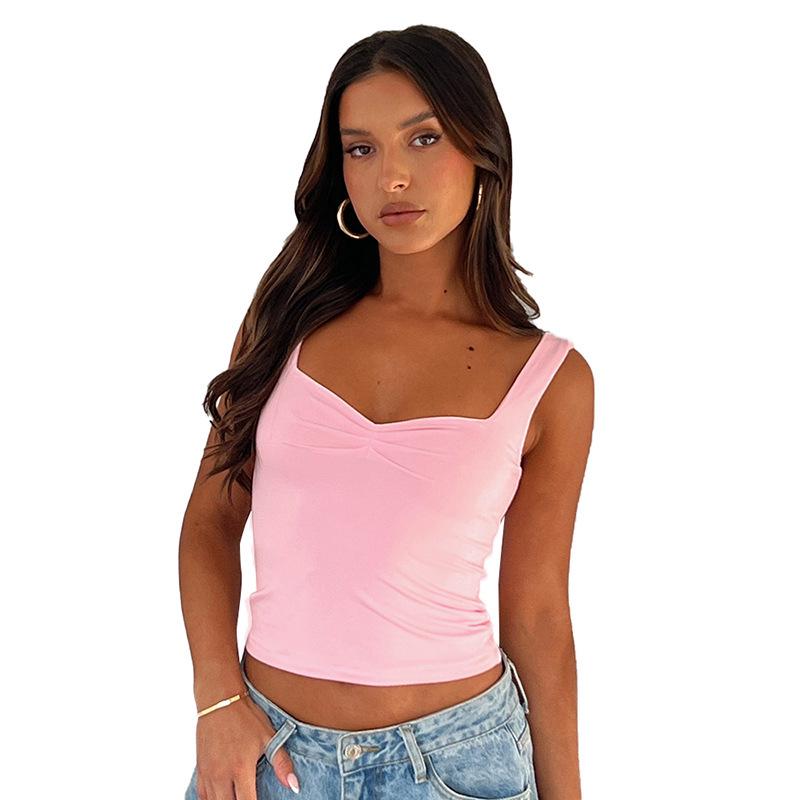 Dames T-shirt Lente Slim Fit Patchwork Cropped met Vierkante Hals en Lichte Plooitjes, Europese & Amerikaanse Stijl.