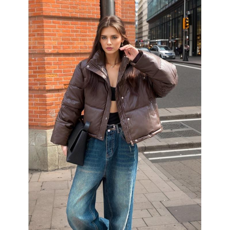 Women Autumn Winter Short Solid Color PU Leather Thicken Outwear Loose Cotton Padded Stand Collar Warm Jacket Coat