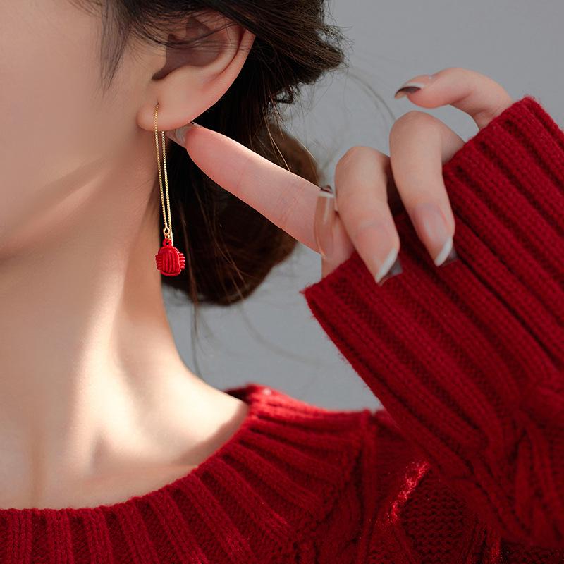 Banyan Tree S925 Silver Heart Knot Festive Long Red New Year Earrings for Women