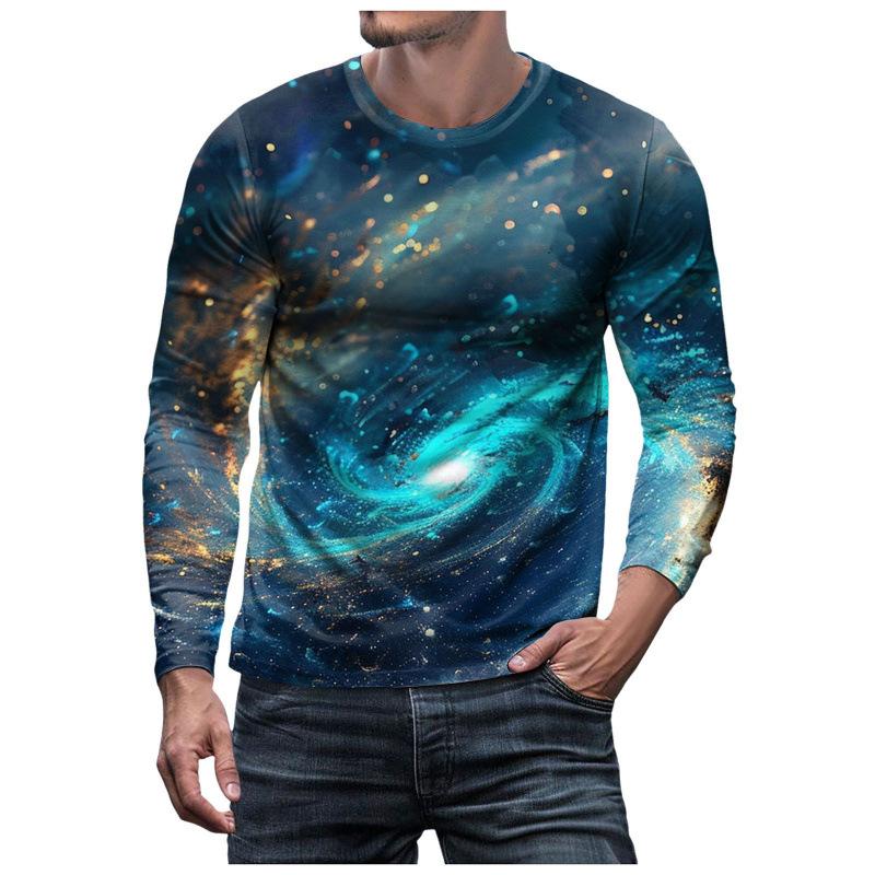 3D Brilliant Starry Sky Printed Top Casual Long Sleeved Men's T-shirts - Soft Medium Stretch Polyester Fabric Spring and Autumn Relaxed Fit Clothing