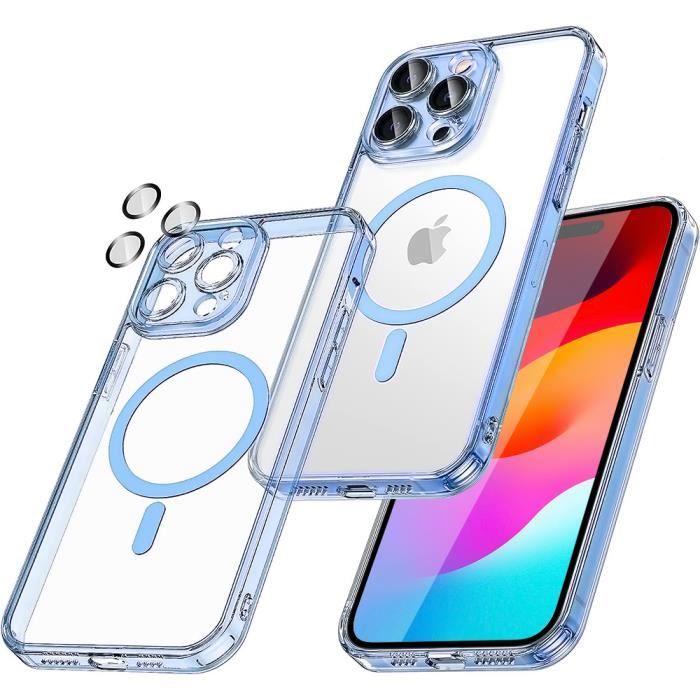 Coque pour iphone 15 avec cercle magnétique, coque rigide antichoc contour bleu + protection caméra verre trempé