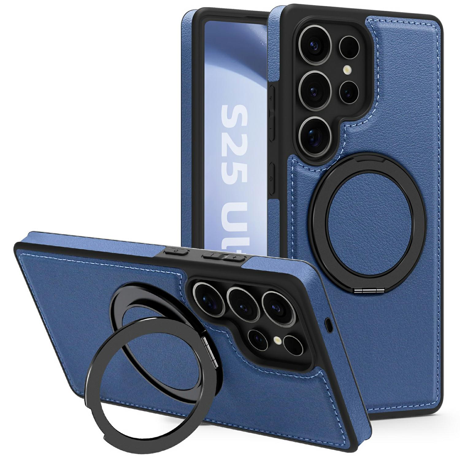 

For Samsung Galaxy S25 Ultra Magnetic Case Rotate Ring Kickstand PU Leather+PC+TPU Back Cover Blue