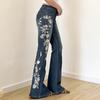 Y2K Gül İşlemeli Düşük Bel Mikro İspanyol Paça Kot Pantolon - Dar Kesim Günlük Pantolon