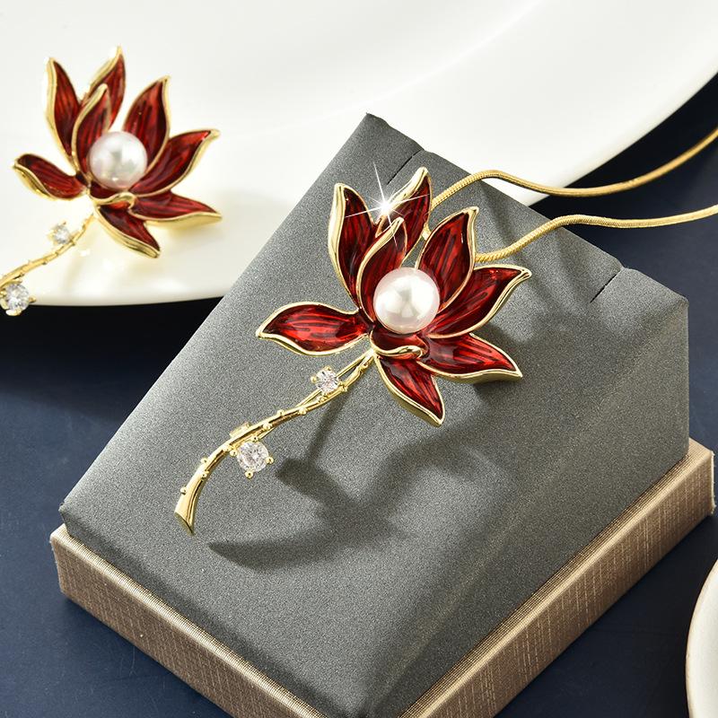 A Pair of Lotus Long Necklaces Brooches Women's Enamel Pins Freshwater Pearl Jewelry